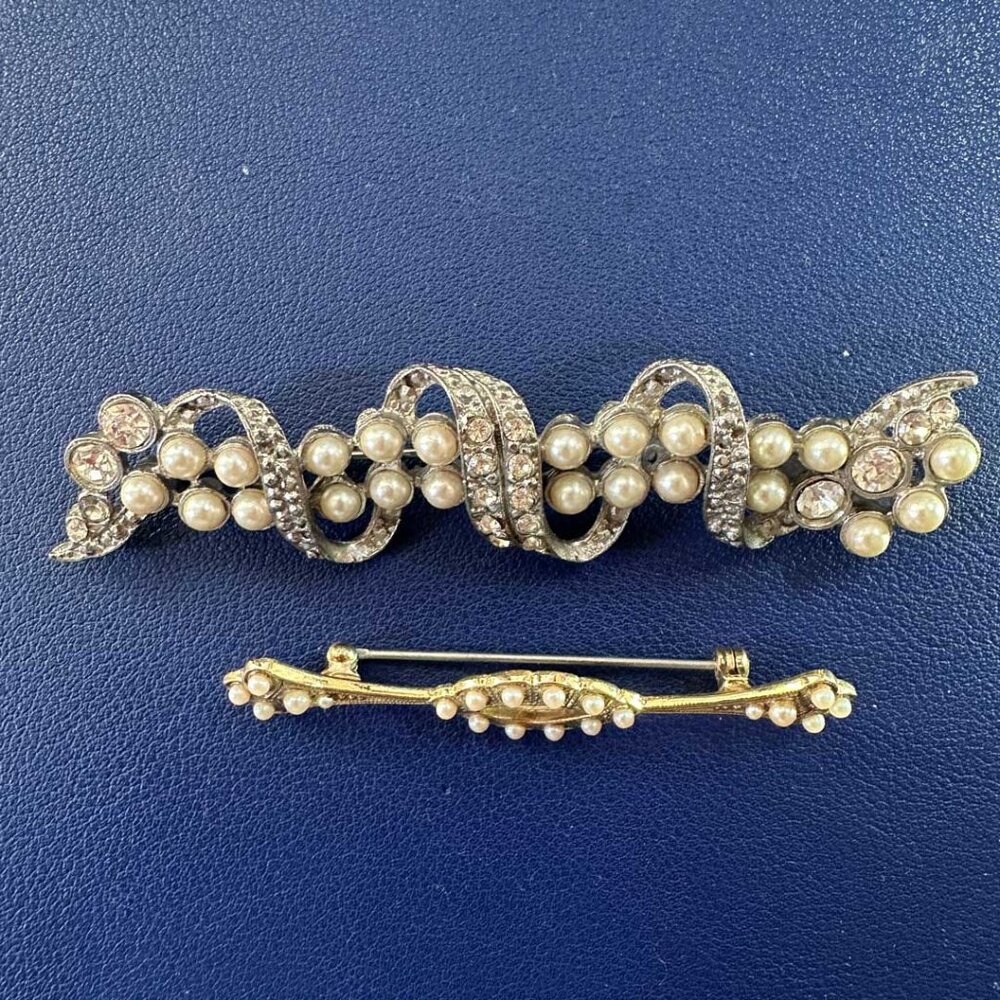 2 Brooches (Richelieu Rhinestone & Faux Pearl Swirl + Seed Pearl Marquise)